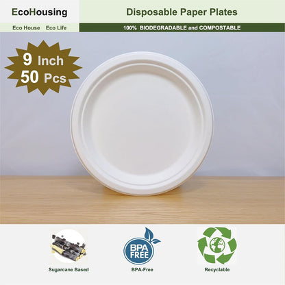 EcoHousing [10 Inch, 50 Pieces] 3-Compartment Disposable Plates, Nature Compostable Dinner Plates, Hot or Cold Use, Strong and Large, Microwavable, Eco-Friendly