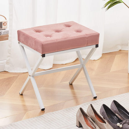 Cpintltr Ottoman Foot Stool Tufted Vanity Stool Ottomans Thickened Cushion Footstool Mulifunctional Shoe Changing Seat Step Stools with Metal X Leg for Living Room Bedroom Faux Leather Black