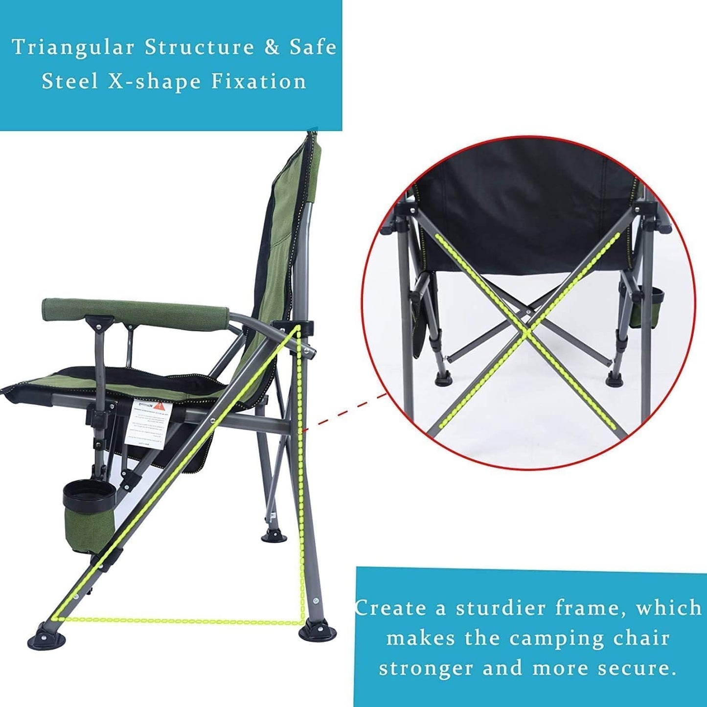 Jorunb Camping Chair for Adults Heavy Duty Outdoor Patio Lawn Chairs Support 350 LBS High Back Padded Oxford with Armrests, Storage Bag, Cup Holder for Fishing, Camping, Foldable (green)