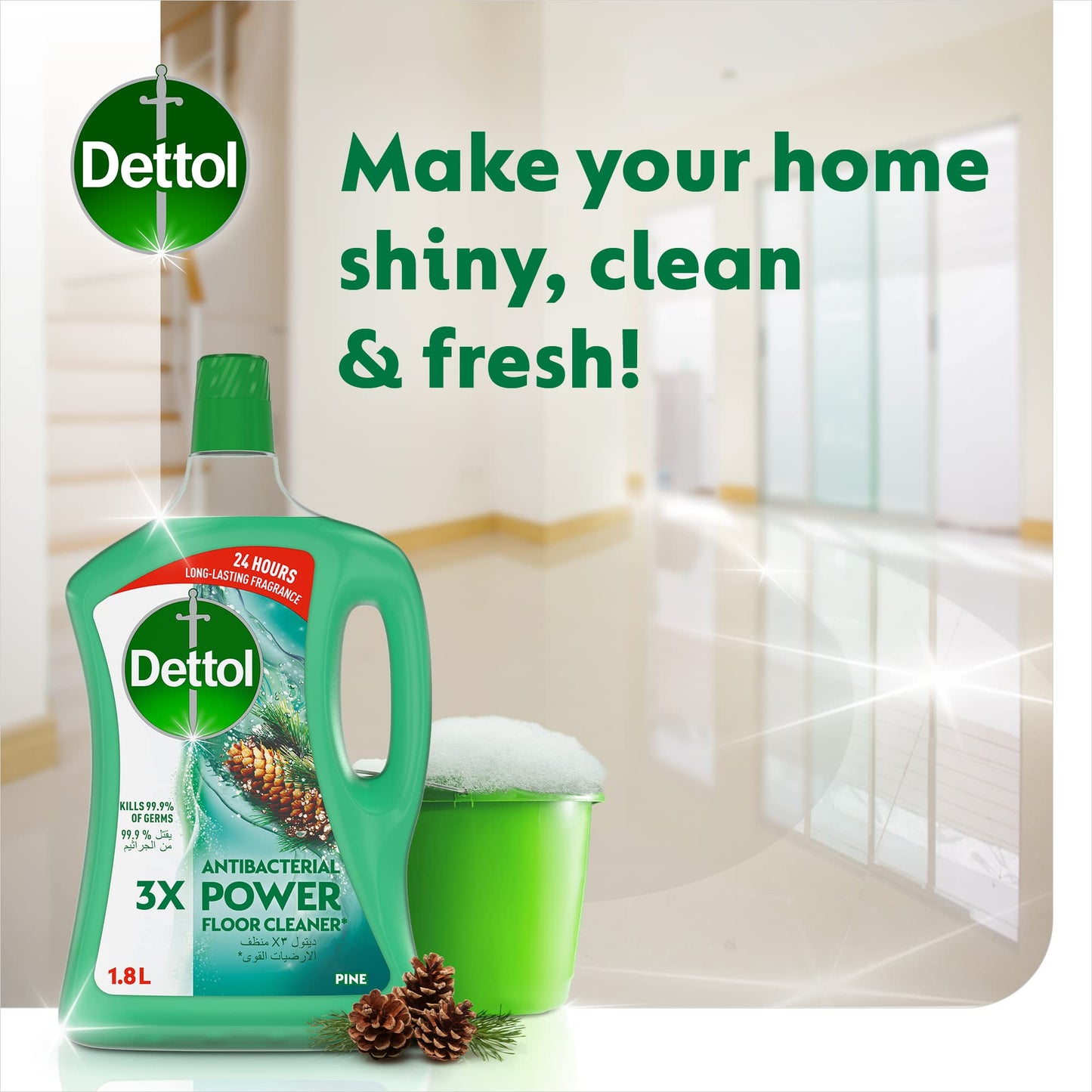 Dettol Pine Antibacterial Power Floor Cleaner With 3 Times Powerful Cleaning (Kills 99.9% Of Germs), 1.8L, Twin Pack