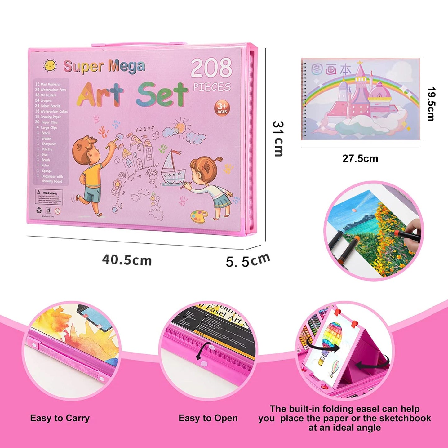 IS MUHE 209 pcs art supplies, children's drawing art set with double-sided tri-fold easel box, with oil pastels, crayons, colored pencils, paintbrushes, watercolor brushes, etc. (Pink)