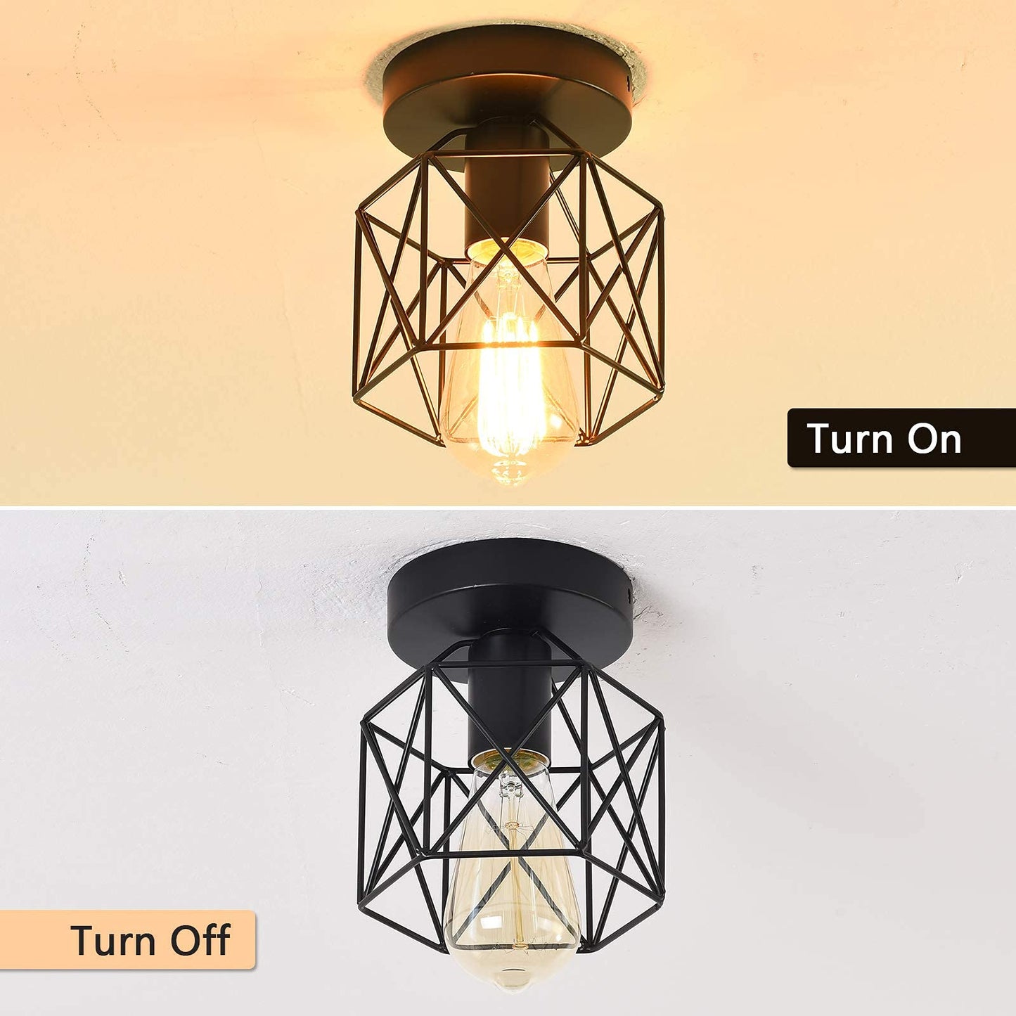 Qcyuui Gold Retro Metal Cage Industrial Vintage Ceiling Lights, Semi-Flush Mount Ceiling Lighting Fixture for Hallway, Dining Room, Bedroom, Balcony, Kitchen, Farmhouse Indoor Lighting, 2 Pack