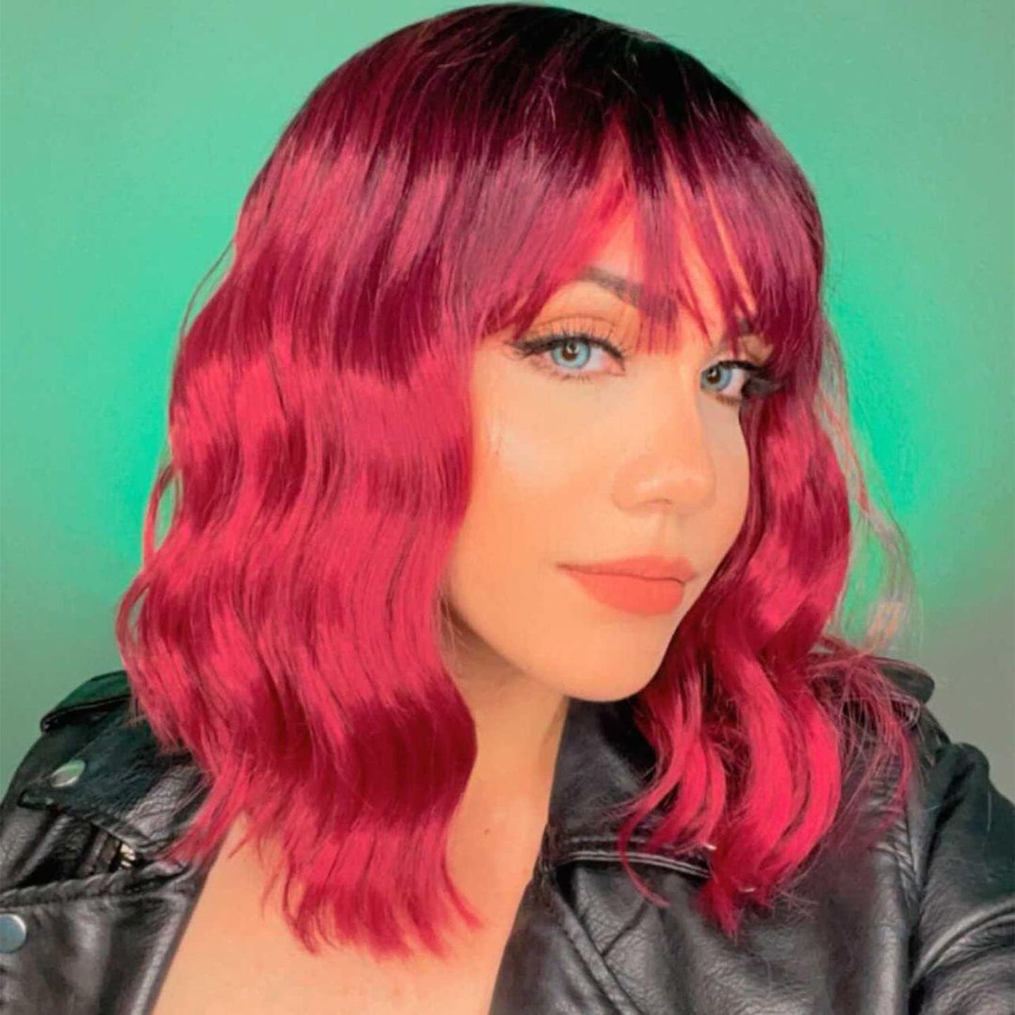 VCKOVCKO Ombre Color Natural Wavy Bob Wig With Air Bangs Short Bob Wigs Women's Shoulder Length Wigs Black to Pink Purple Curly Wavy Synthetic Cosplay for Girl Colorful Wigs(12",Black to WineRed)