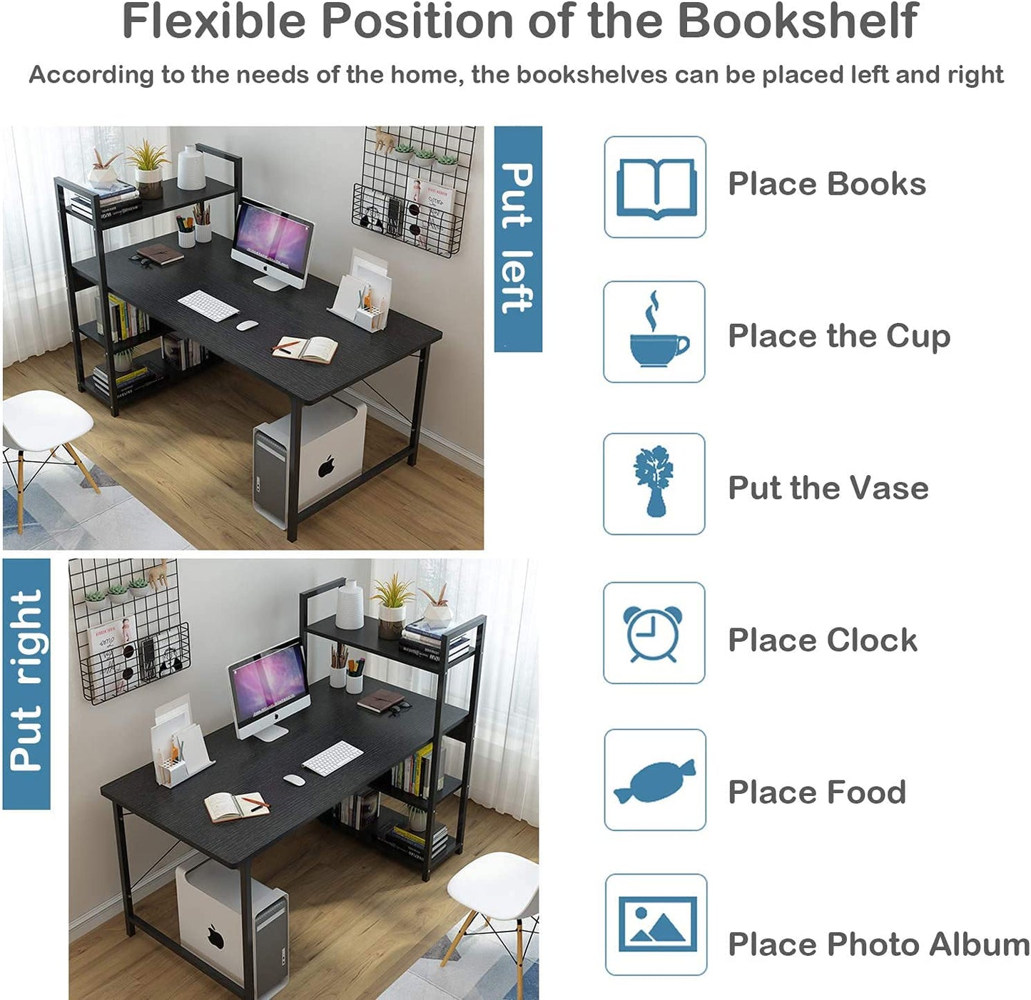 ZUIHAO Home Office Computer Desk Large Table, 110 * 60cm Study Writing Desk,Simple Style PC Laptop Table with Bookshelf,Modern Large Gaming Table,White