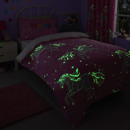 Bedlam - Unicorn Glow - Childrens Glow in the Dark Duvet Cover Set - Double Bed Size in Pink