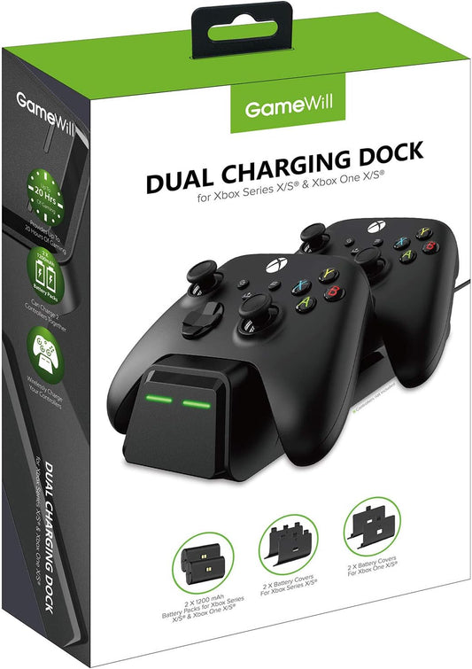 GameWill Dual Charging Dock with 2 x Rechargeable Battery Packs [EXTRA POWER 1200 mAh] for Xbox Series X and Series S (also compatible with Xbox One X/S) - Black- USB