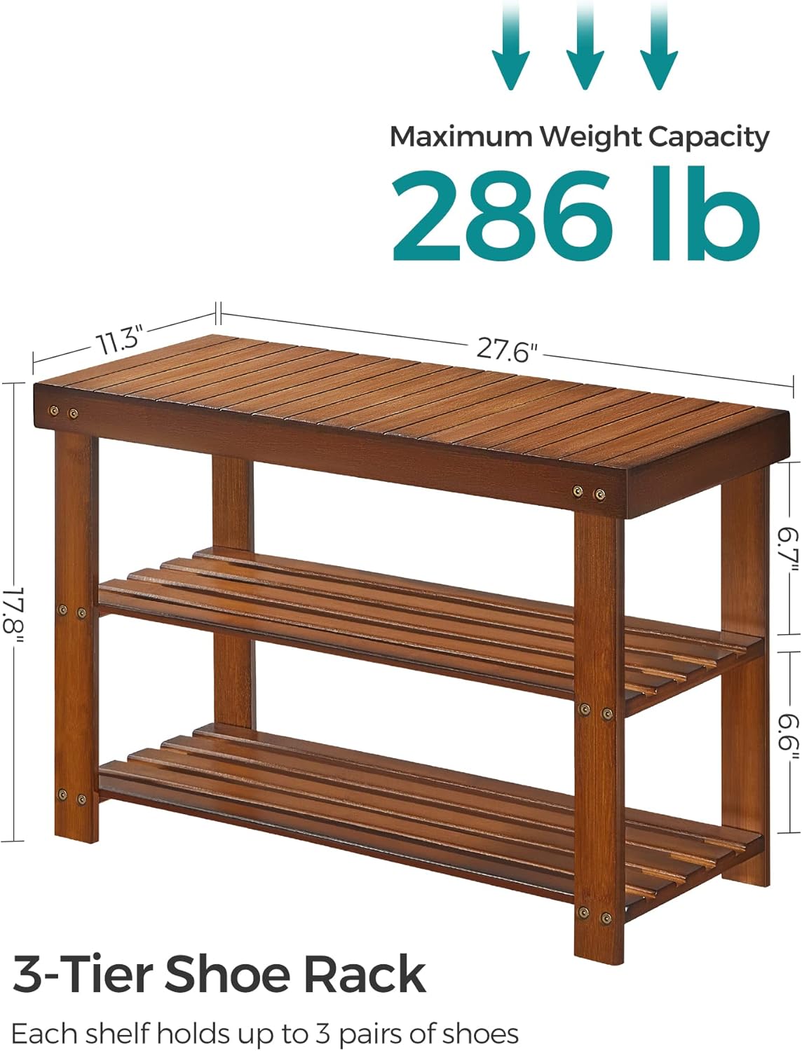 SONGMICS Shoe Rack Bench, 3-Tier Bamboo Shoe Storage Organizer, Entryway Bench, Holds Up to 286 lb, for Entryway Bathroom Bedroom, Natural ULBS04N