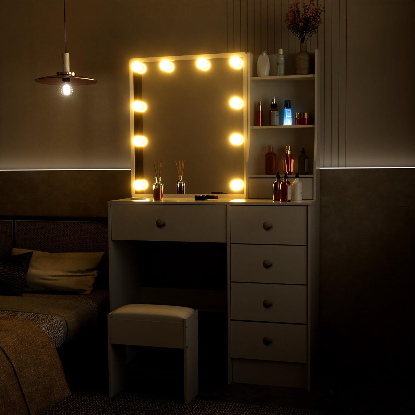 LIANWANG Dressing Table with LED Lighting, 3 Colour Temperatures, Adjustable Brightness, Dressing Table with Mirror for Make-Up, 6 Drawers, 1 Stool, 131 x 80 x 36 cm, White