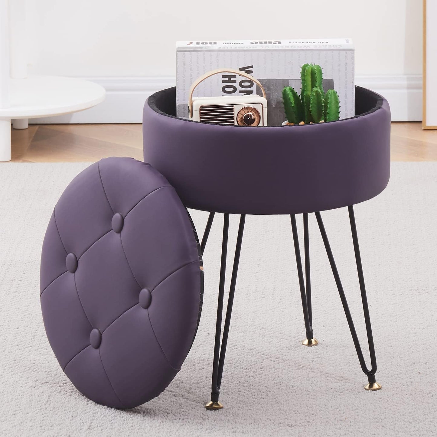 Cpintltr Faux Leather Storage Ottoman Round Footrest Stool Multifunctional Upholstered Ottoman with Metal Legs Modern Vanity Stools Tray Top Coffee Table Suitable for Living Room Bedroom Black