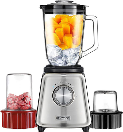 KENWOOD Glass Blender 800W Smoothie Blender/Smoothie Maker 1.5L with Glass Grinder Mill, Meat Grinder/Chopper Mill, Ice Crush Function BLP44.270SS Silver