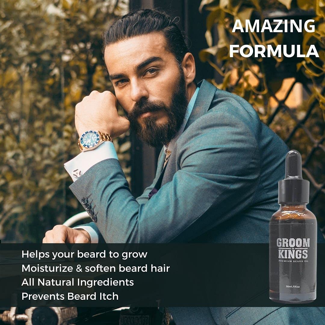 Groom Kings | Premium Beard Oil Conditioner | All Natural Ingrediants with Argan & Jojoba Oils | Softens & Strengthens Beards and Mustaches for Men | 30ML