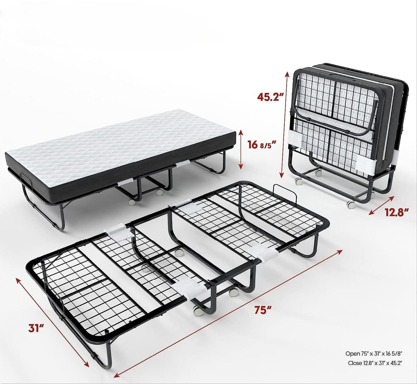 SKY-TOUCH Folding Bed with Memory Foam Mattress, Portable Foldable Beds Strong Sturdy Frame, Rollaway Beds for Home and Office,white,190 * 80cm,00216