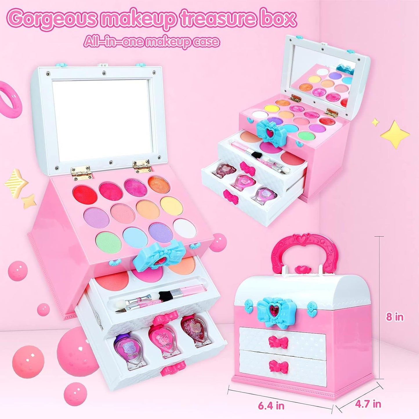 Washable Kids Makeup Kit for Little Girls 3-8, Real Makeup Toy Set with Portable Makeup Box, Lipsticks, Brushes and Mirror for Kids Toddlers Pretend Play Birthday Christmas