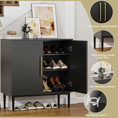 REHOOPEX Balck Storage Cabinet, Modern Buffet Cabinet with Two Adjustable Shelve, Free Standing Sideboard and Buffet Storage, Wood Cabinet for Living Room, Kitchen, Bedroom or Hallway (Two Shelves)