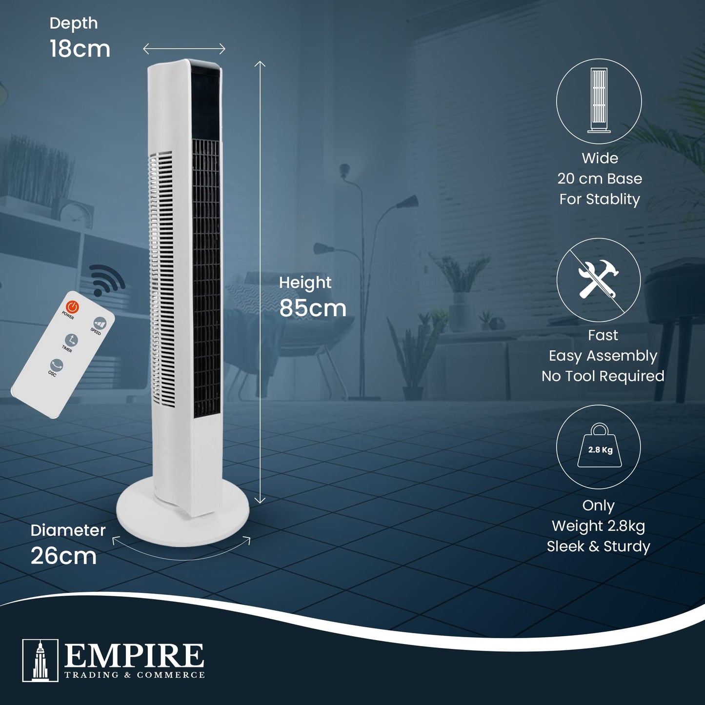 Empire 83cm/33inch Tower Fan with LED Display, Remote Control Fan for Bedroom with Timer Function, 45W Cooling Fan with 3 Speeds, Perfect 45° Oscillating Fan for Home, Living Room & Office (White)