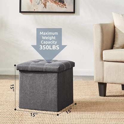 ELECDON 15 inches Storage Ottoman Cube, Foldable Storage Boxes Footrest Step Stool, Padded Seat for Dorm Living Room, Support 350lbs, Line Fabric (Beige)