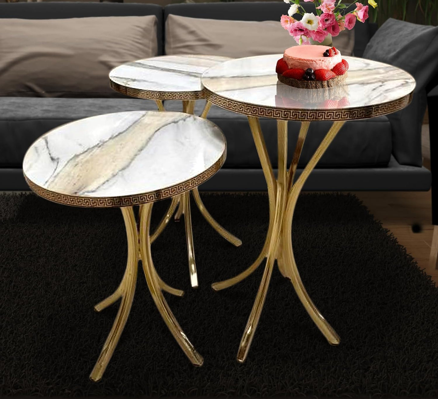 LHFHOMT- Round Coffee table set Nesting Coffee Table Set of 3 Pieces, Wooden Top, Gold Metal legs End Table Desk for Living Room, Balcony, Office, Sofa Side (White - Black Lines)