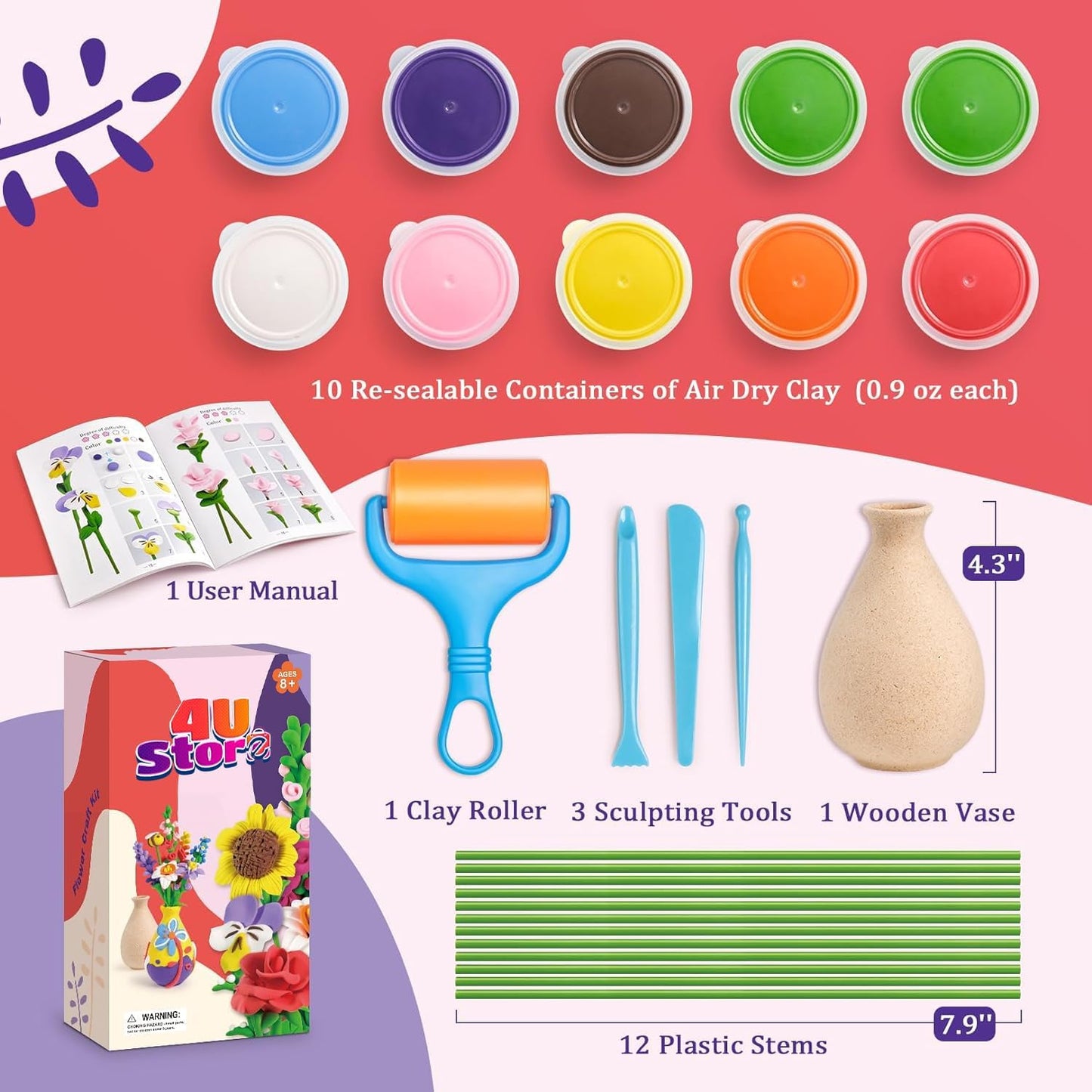 4USTORE Dinosaur Craft Kit for Kids, Make Your Own Flower Bouquet with Air Dry Clay, Arrange Clay Flowers & Create Personalized Art, Great Gifts for Girls