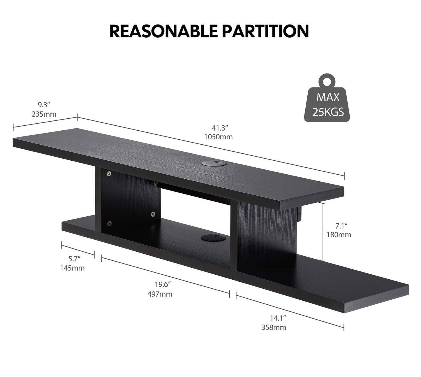 FITUEYES Floating TV Cabinet Stand Wall Mounted AV Media Console Shelf, Modern & Save Spacing Black DS211801WB