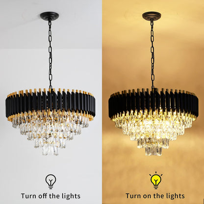 Modern Crystal Chandeliers Gold Black Crystal Chandeliers 3-Tier Round Crystal Chandelier Ceiling Light Fixture Crystal Pendant Light Fixture for Dining Room Living Room Bedroom Foyer Hallway W15.7"