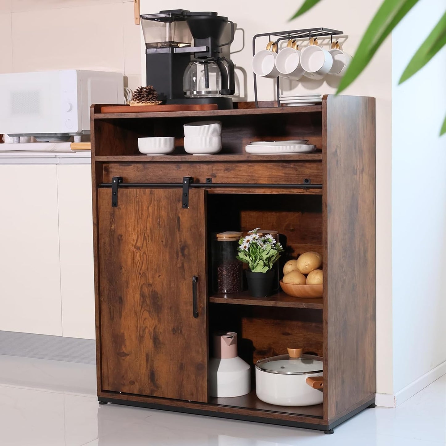 ALBAD Coffee Bar Cabinet/Table, 32" Buffet Sideboard with Sliding Barn Door and Storage Shelves, Farmhouse Wood Kitchen/Accent Storage Cabinet White