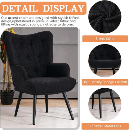 Furniliving Velvet Accent Chair Modern Upholstered Side Armchair with Tapered Legs Tufted Button Wingback Sofa Chairs Tall Back Reading for Living Room Bedroom Waiting Room, Black