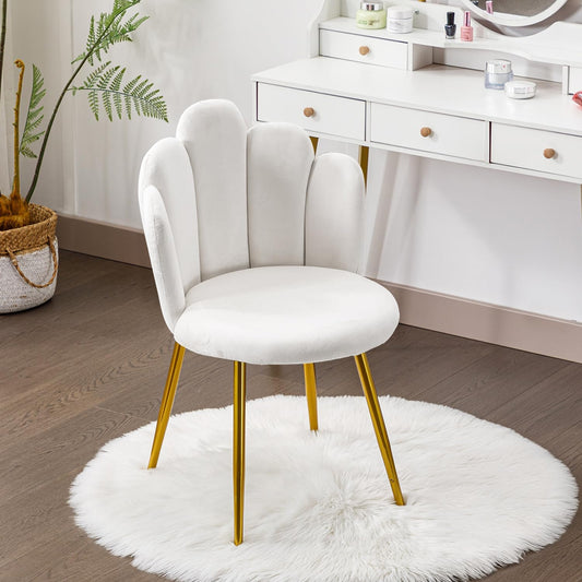 Lepdep Vanity Chair for Makeup Room - Midcentury Modern Accent Chair for Living Room Bedroom, Makeup Chair with Back Support Velvet Chair with Gold Legs (White)