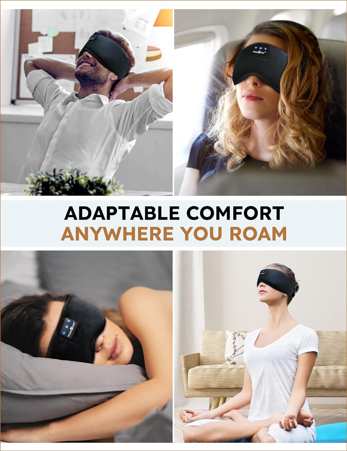 MUSICOZY Sleep Headphones Bluetooth 5.2 Headband Sleeping Eye Mask for Mom Women Men Wireless Music Earbuds Earphones for Side Sleepers Built-in HD Speakers Cool Gadgets Unique Gifts