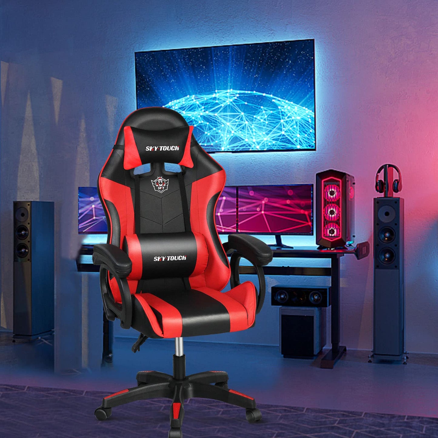 SKY-TOUCH Gaming Chair，Adjustable Computer Chair Pc Office Pu Leather High Back, Ergonomic design Lumbar Support,Comfortable Armrest Headrest，Black