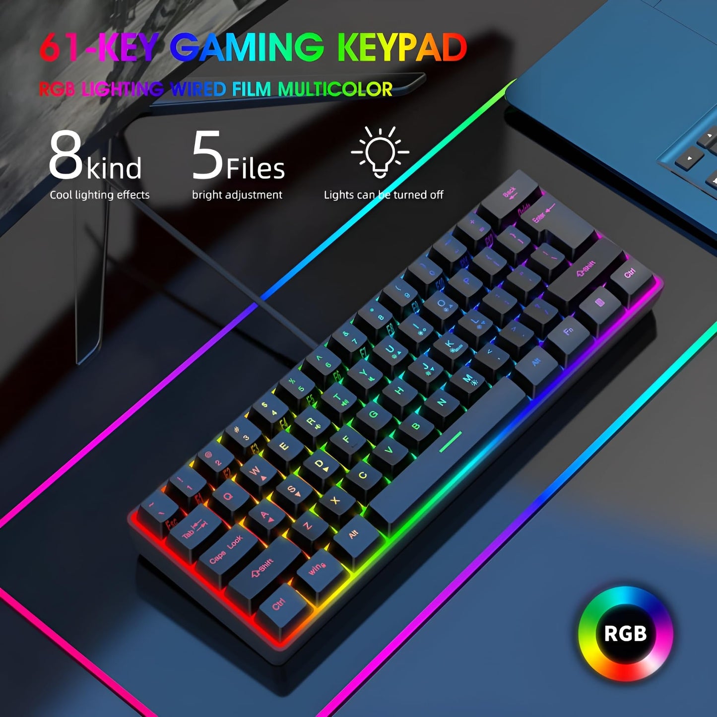 Gaming Keyboard Mechanical 61 Keys Ultra Compact Wired PC Keyboard with RGB Backlit FN Combination Multifunction Shortcut Keys Computer Mechanical Keyboard for Gaming and Work