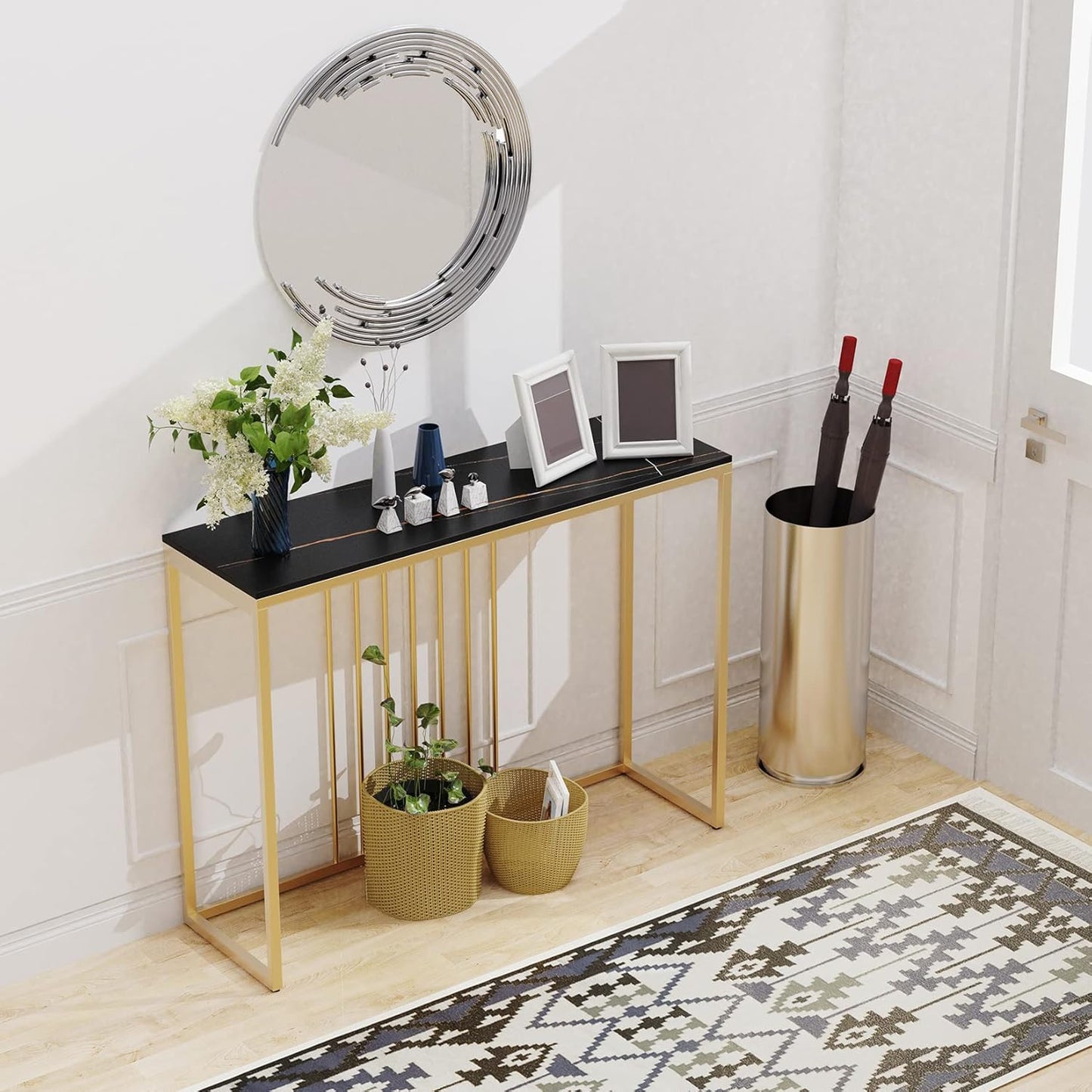 Wisfor Console Table for Entryway: Genuine Sintered Stone Table Marble Table Top Metal Golden Frame Modern Table Sturdy Sofa Side Table Console Hallway Foyer Table, White 100x30x78.5cm