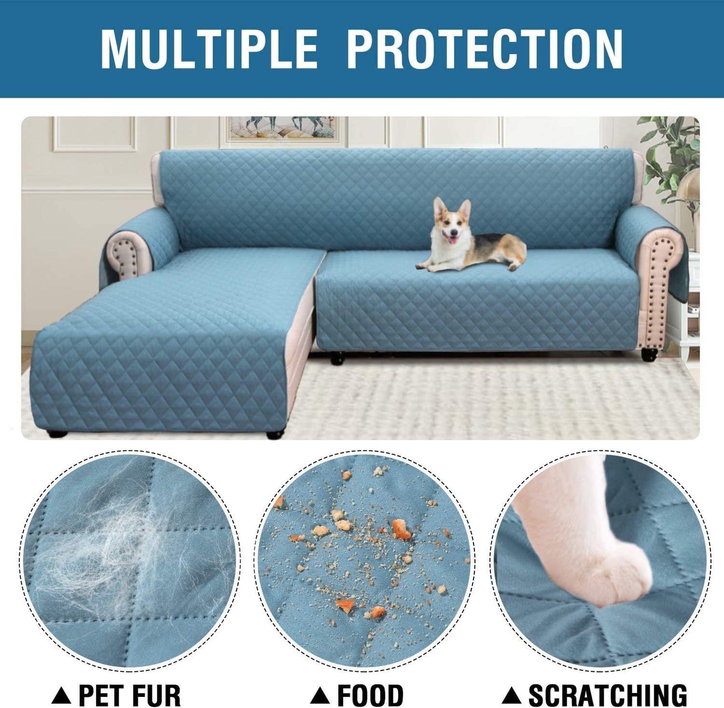 LINFKY Sofa Covers L Shape Couch Covers for Reversible Sectional Sofa Chaise Lounge Sofa Cover Slipcovers Furniture Protector for Dogs Pets, Non Slip with Straps (Grey,Large)