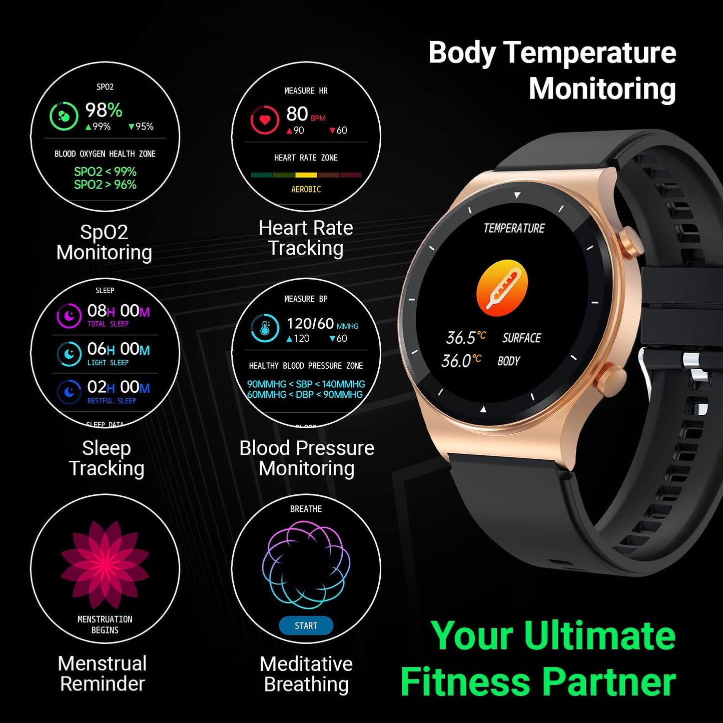 Fire-Boltt 360 Pro Bluetooth Calling 360*360 Pro Display Smart Watch With Rolling Ui & Dual Button Technology, Spo2, Heart Rate & Temperature Monitoring With Local Music And Tws Pairing - Black