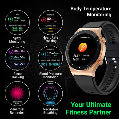 Fire-Boltt 360 Pro Bluetooth Calling 360*360 Pro Display Smart Watch With Rolling Ui & Dual Button Technology, Spo2, Heart Rate & Temperature Monitoring With Local Music And Tws Pairing - Black