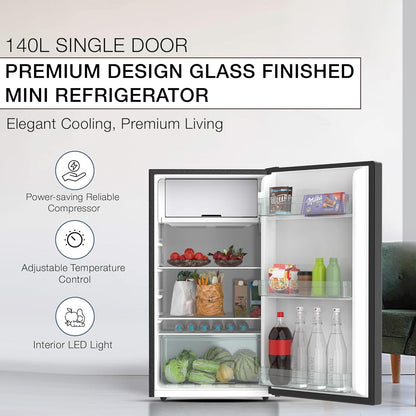 Nikai 140L Gross / 90L Net, Single Door Refrigerator with Glass Finish, 2L Bottle Holder, Glass Shelves, Separate Chiller Compartment, Mini Fridge for Kitchen, Bedroom, Office & Bar - NRF140G (Black)