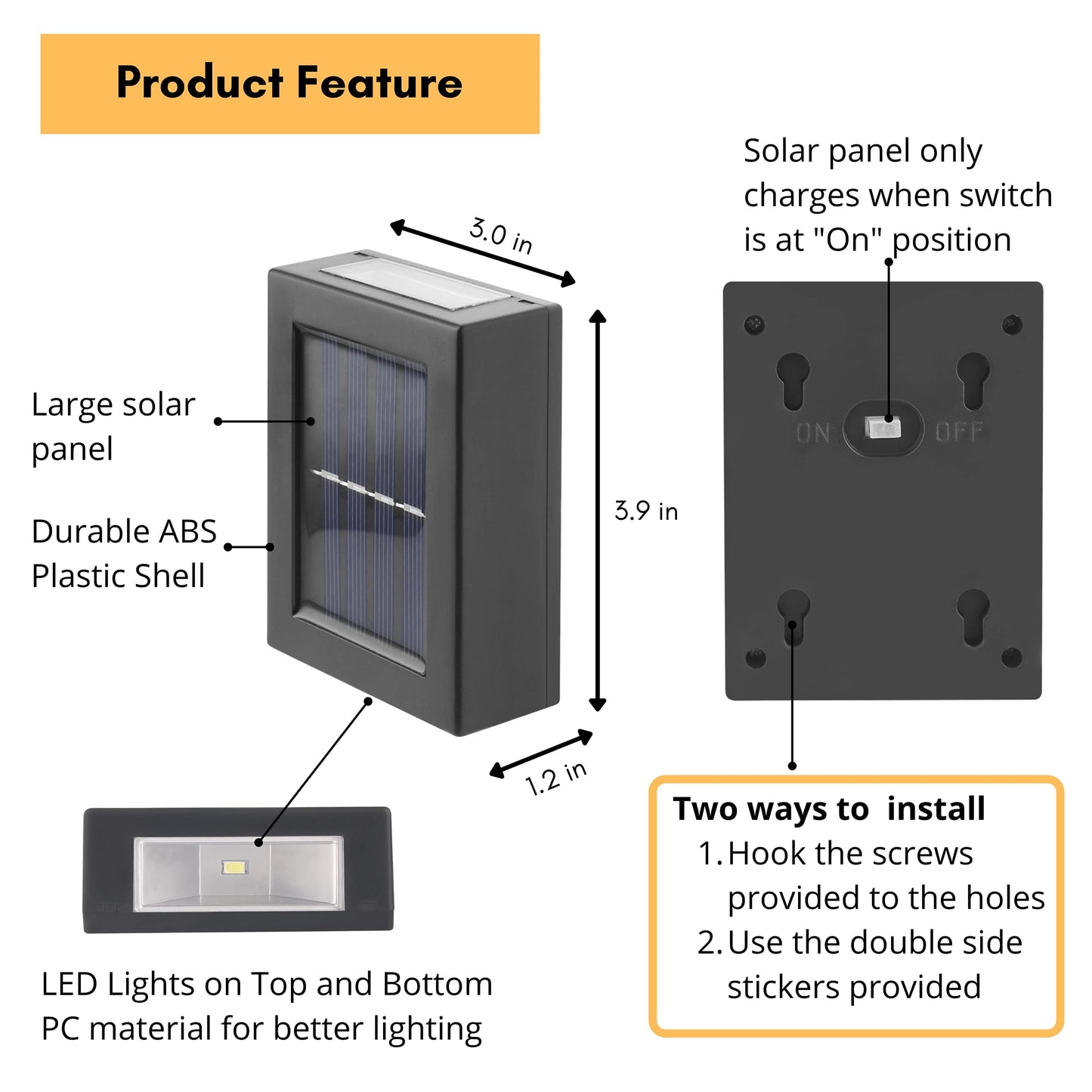 MAKINGTEC Solar Wall Lights Small Fence Lights Solar Powered 2 Pack LED Porch Light, Luces Solares para Exteriores, Exterior Light Fixture Christmas Lights Holiday Decor (Warm White Lighting)