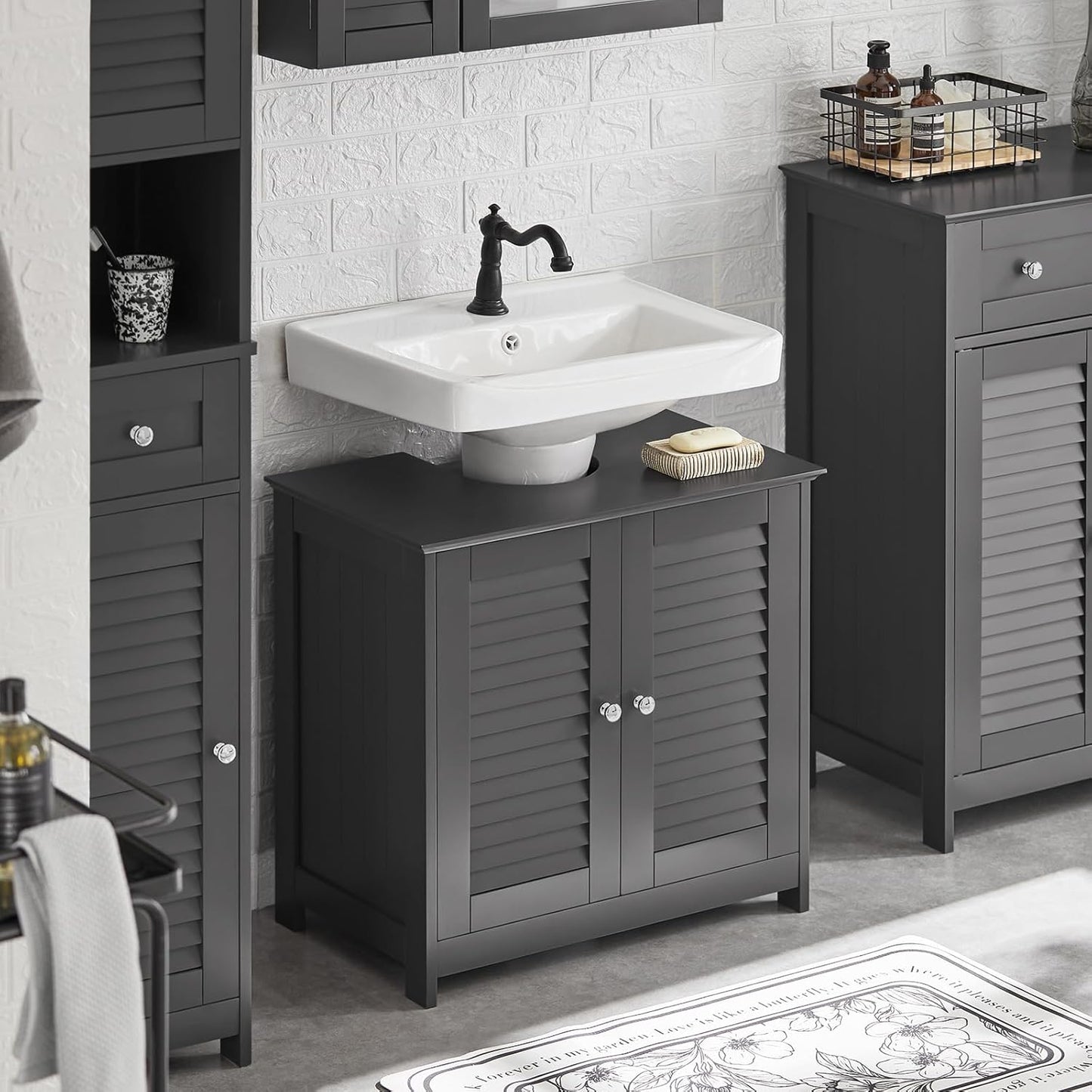 SoBuy (UAE STOCK) FRG237-II, Under Sink Cabinet Bathroom Vanity Unit Bathroom Storage Cabinet with Double Shutter Doors, Suitable for Pedestal Sinks (dark grey)