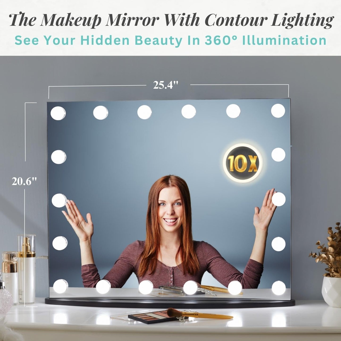 LUXFURNI Vanity Mirror with Makeup Lights, Large Hollywood Light up Mirrors w/ 18 LED Bulbs for Bedroom Tabletop & Wall Mounted (26Wx21L, Black)