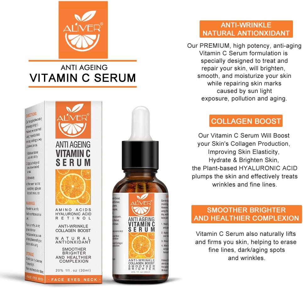 Vitamin C Serum for Face with Hyaluronic Acid, Day and Night Vitamin C Serum for Body Organic, Boost Skin Collagen, Brighten Hydrate & Plump Skin, Anti Aging & Wrinkle Facial Serum