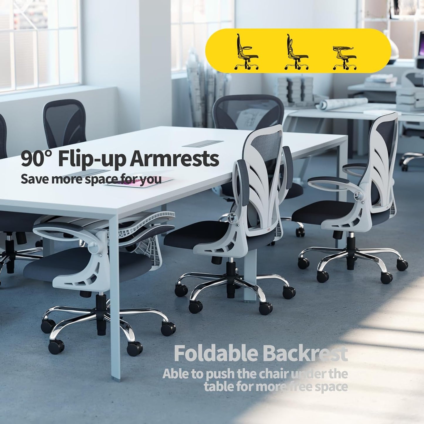 HOLLUDLE Ergonomic Office Chair with Foldable Backrest, Computer Desk Chair with Flip-up Armrests, Mesh Lumbar Support and Tilt Function Big and Tall Office Chair, White