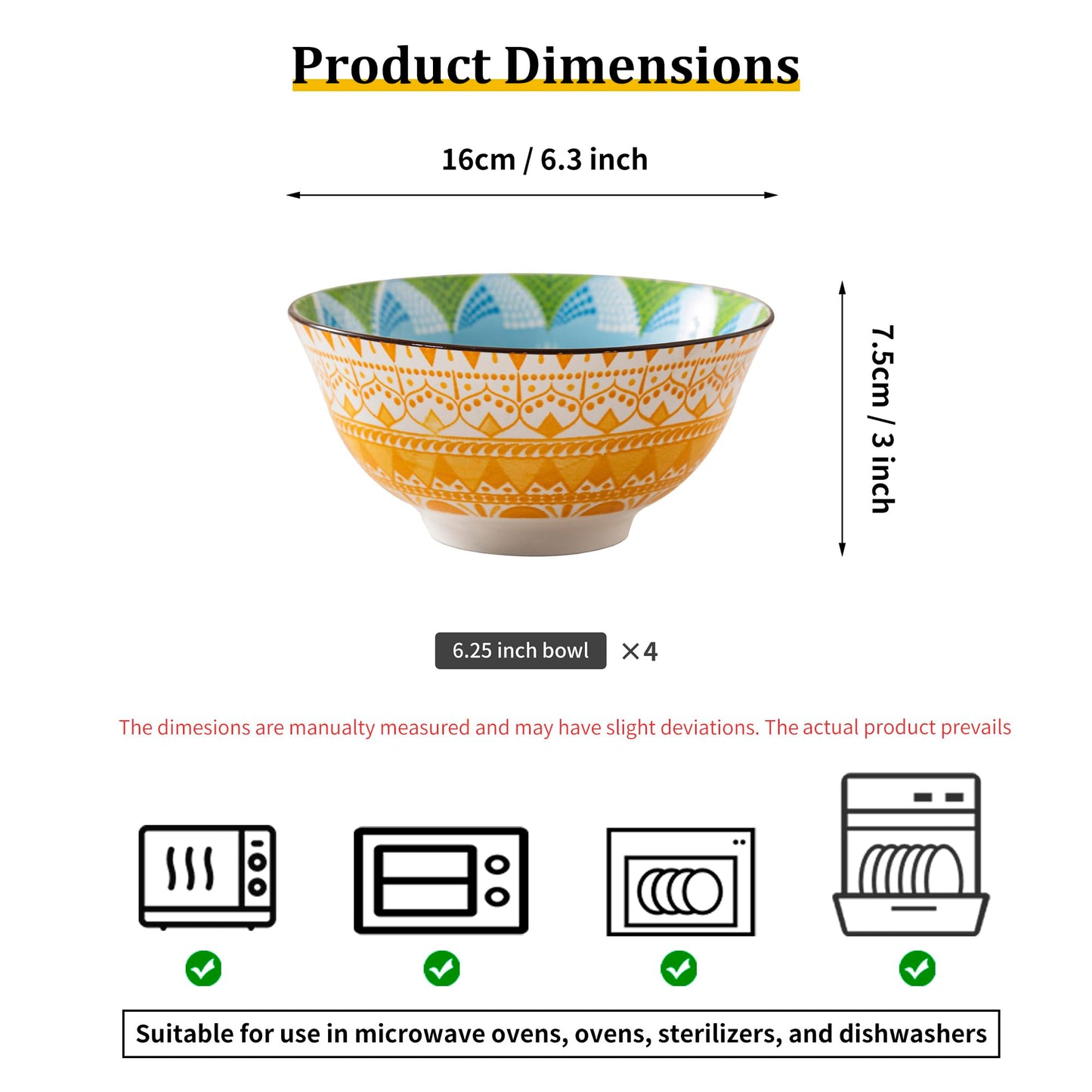 Techplus Set of 4 Geometric Pattern Ceramic Bowls – 6.25 Inch Yellow and Blue Design – Microwave, Dishwasher, Oven Safe – Perfect for Salads, Pasta, Soup – Stylish Gift for Kitchen Lovers