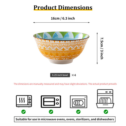 Techplus Set of 4 Geometric Pattern Ceramic Bowls – 6.25 Inch Yellow and Blue Design – Microwave, Dishwasher, Oven Safe – Perfect for Salads, Pasta, Soup – Stylish Gift for Kitchen Lovers