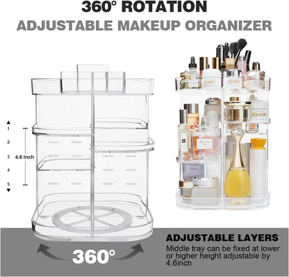 AMEITECH 360-Degree Makeup Organizer, DIY Adjustable Rotating Cosmetic Storage Carousel Spinning Holder Storage Rack with 5 Layers Large Capacity, Best for Countertop, Square