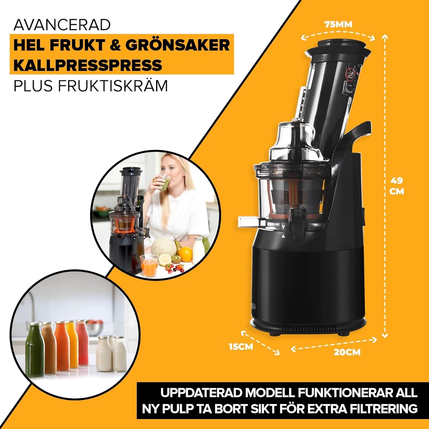 FRIDJA Powerful Masticating Juicer for Whole Fruits and Vegetables, Fresh Healthy Juice, Sorbet, Ice Cream, Wide Mouth 75mm Feeding Chute, BPA Free, 240-Watt, Cold Press, Black Stainless Steel f1900