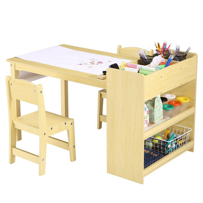 GAOMON Kids Art Table and 2 Chairs, Craft Table with Large Storage Shelves,Toddler Wooden Drawing Desk Activity & Crafts Children's Wooden Furniture for Classroom Daycares,Home