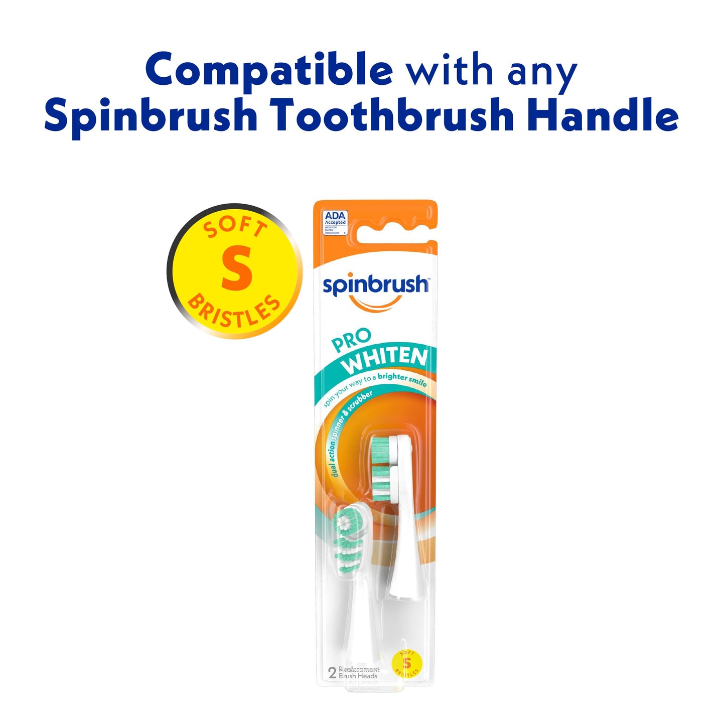 Spinbrush Pro Whiten Replacement Heads, Soft Bristles, For Battery Toothbrush, 2 Count (Pack of 1)