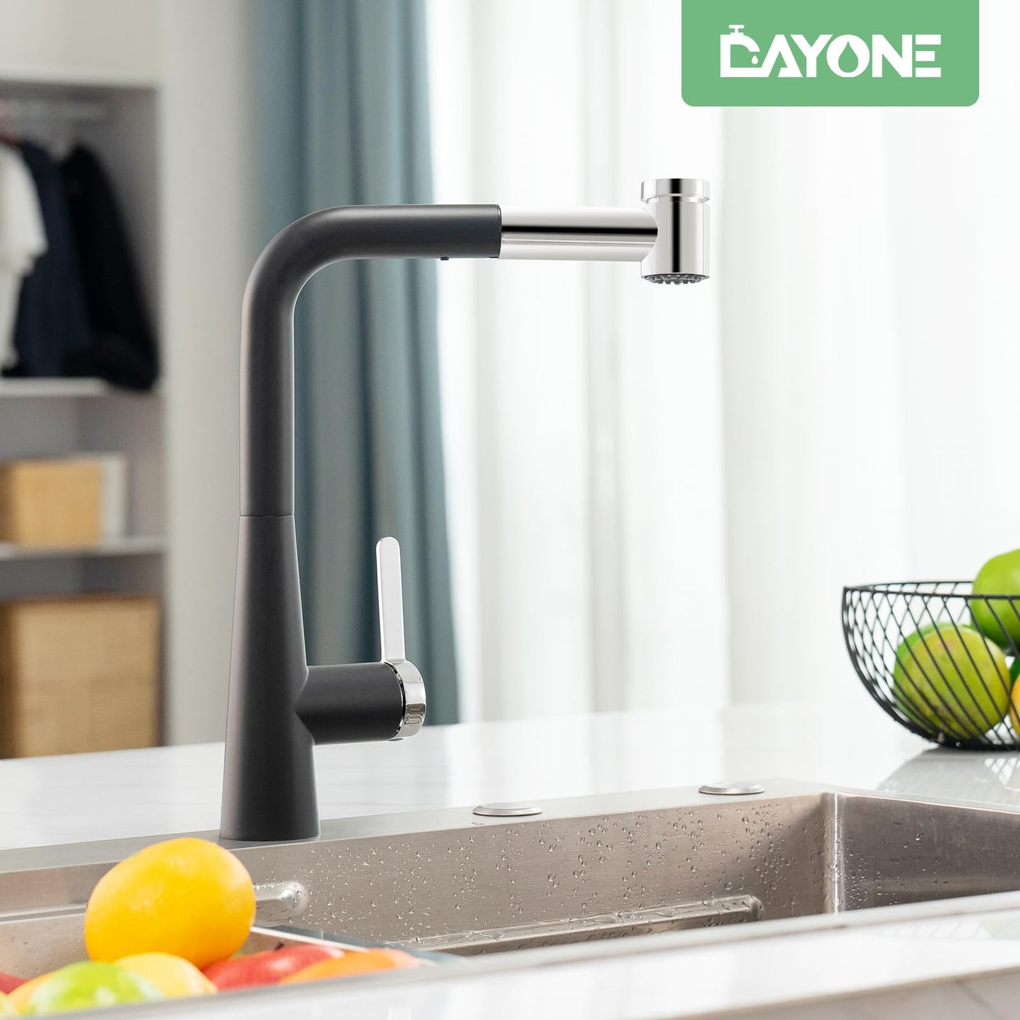 DAYONE Chrome Kitchen Faucet with Pull Down Sprayer, Single Handle Kitchen Mixer with 3 Water Modes Stainless Steel Kitchen Taps