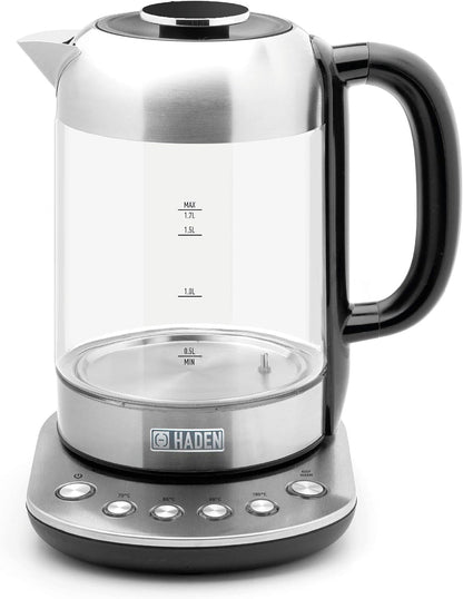 Haden Richmond Variable Temperature Control Kettle - Stainless Steel & Glass - 3000W Fast Boil & Quiet Electric Kettle - 1.7ltr Capacity - Keep Warm Function