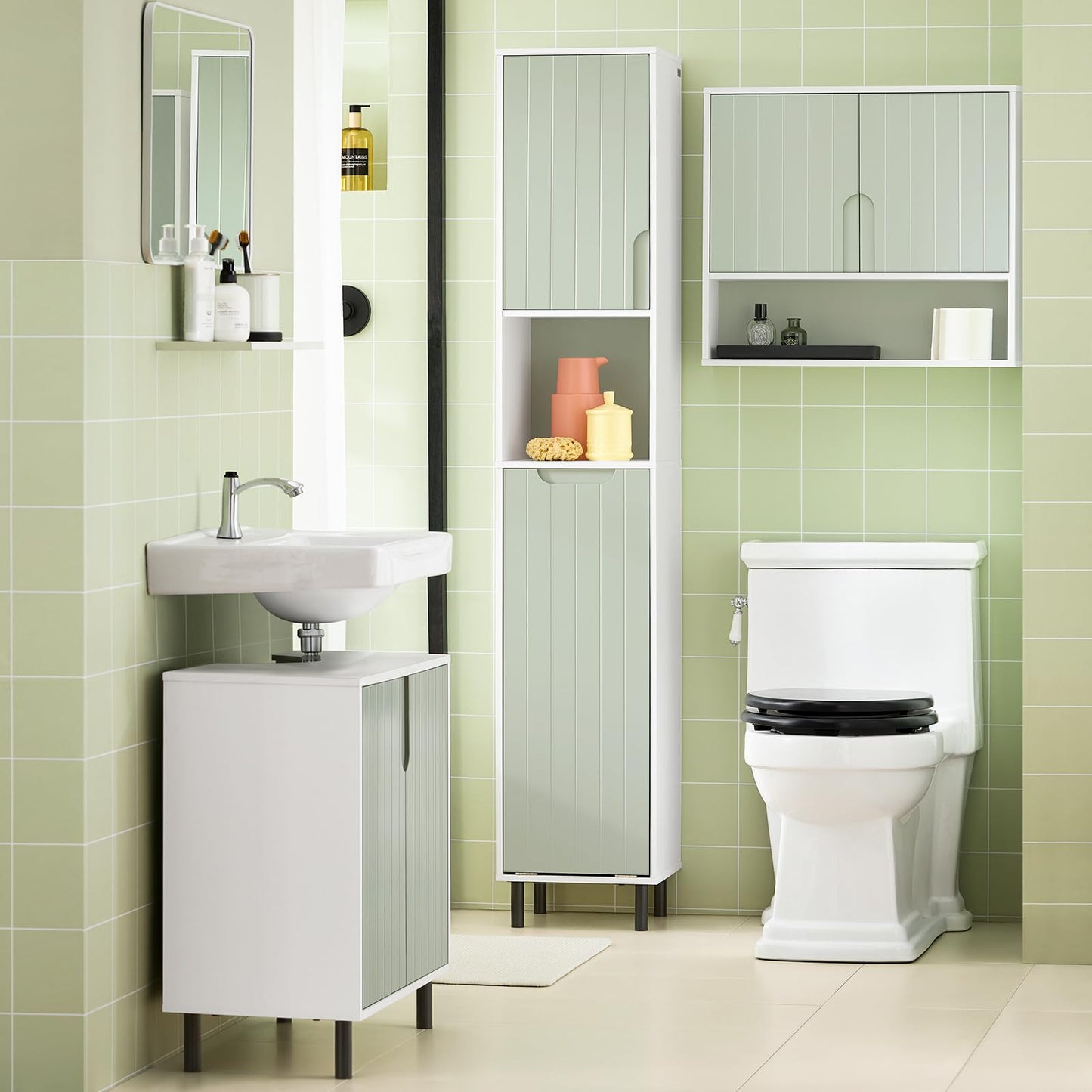 SoBuy (UAE STOCK) BZR137-GR Bathroom Tall Cabinet Bathroom Storage Cabinet with Laundry Basket White and Light Green W31 x D30 x H167cm (basin cabinet)