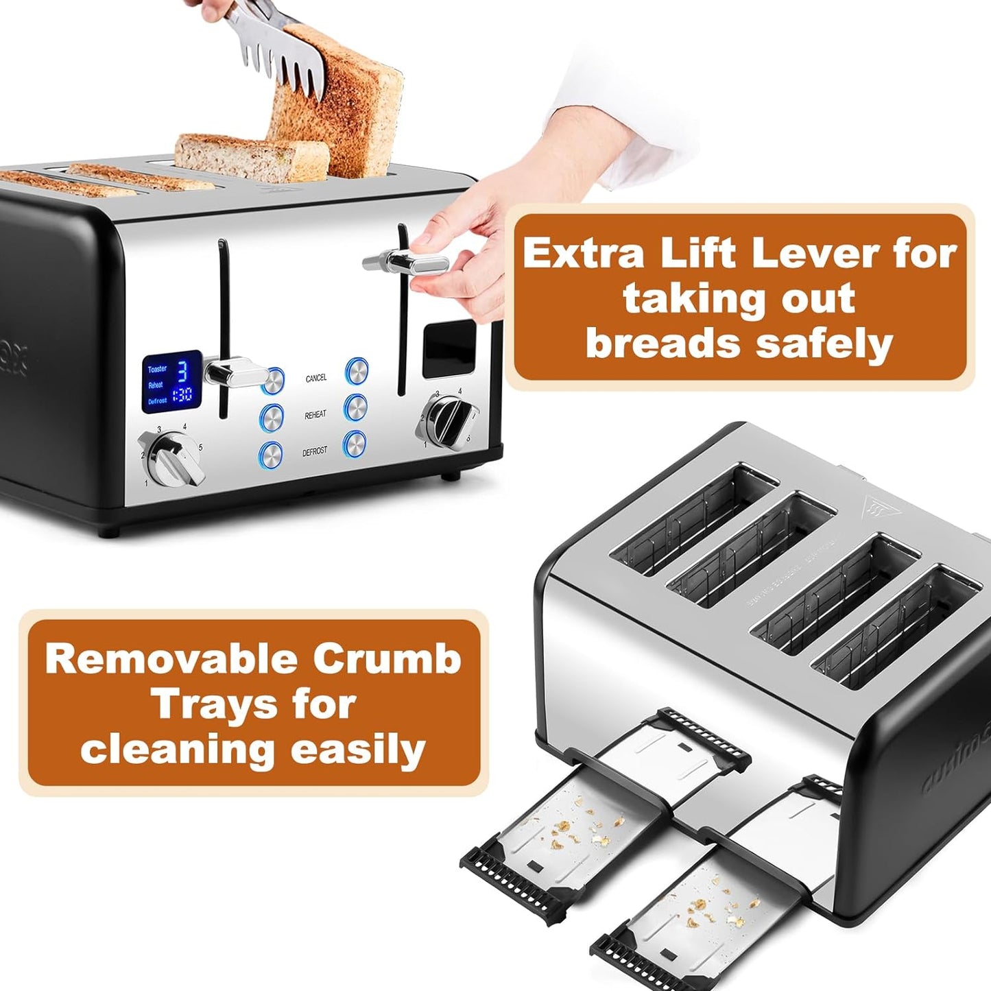 CUSIMAX 4 Slice Toaster LED Display Bread Toaster with Dual Control Panels of Timer, Extra Wide Slots and 6 Browning Settings, Cancel/Reheat/Defrost Function, Removable Crumb Trays, Silver